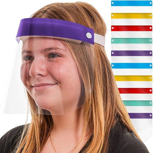 Safety Kids Face Shields (Pack of 10) - 5 Colors, 2 of Each - Clear Protective - Picture 1 of 3